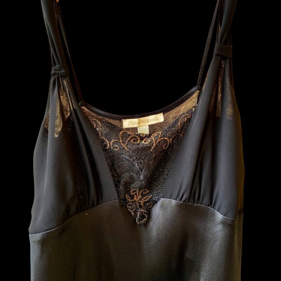 Flora Nikrooz Black Long Nightgown Gown Lace Adjust Strap Sheer Portion Tie sz L - Picture 8 of 16
